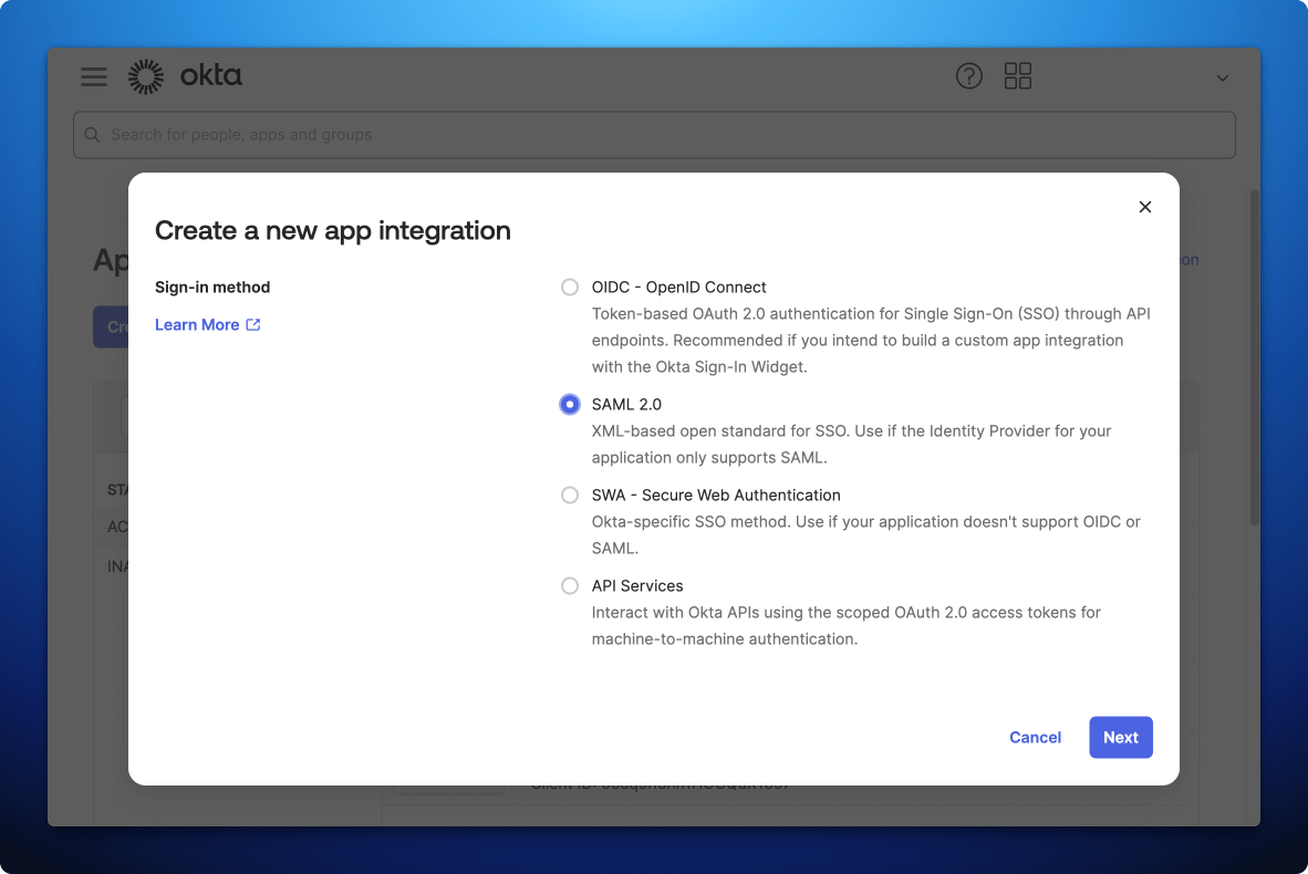 Otka create new SAML app