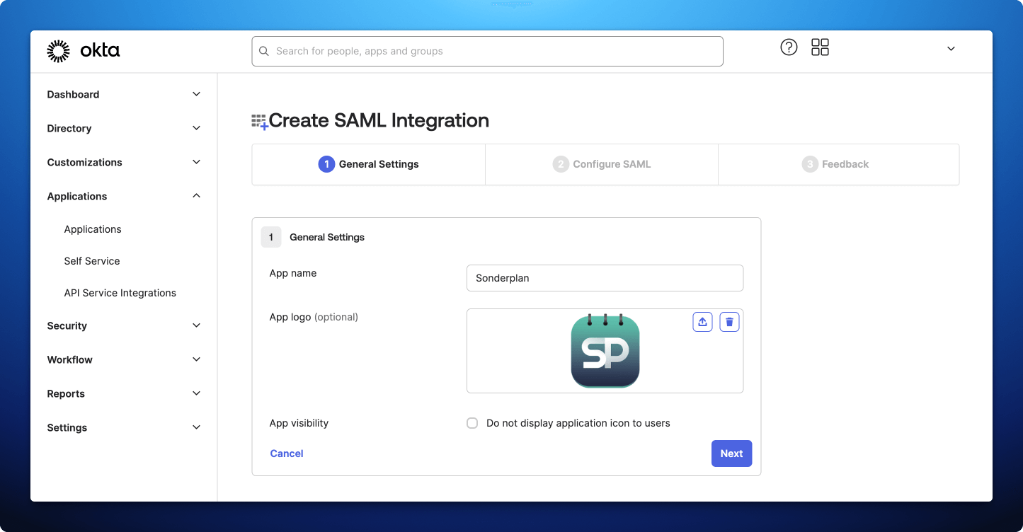 Otka create new SAML app
