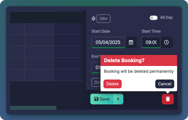 Delete booking confirmation window screenshot