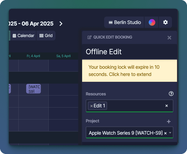 Booking in Quick Edit sidebar with Booking Lock timer showing 10 seconds left until the Booking Lock has expired