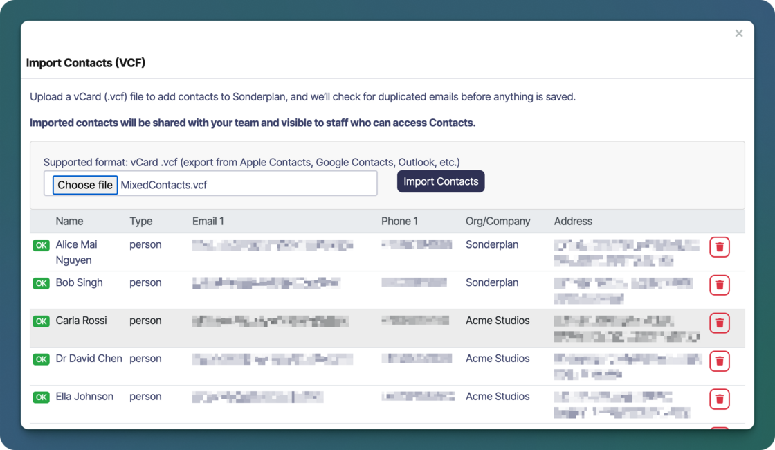 Sonderplan Contact Import