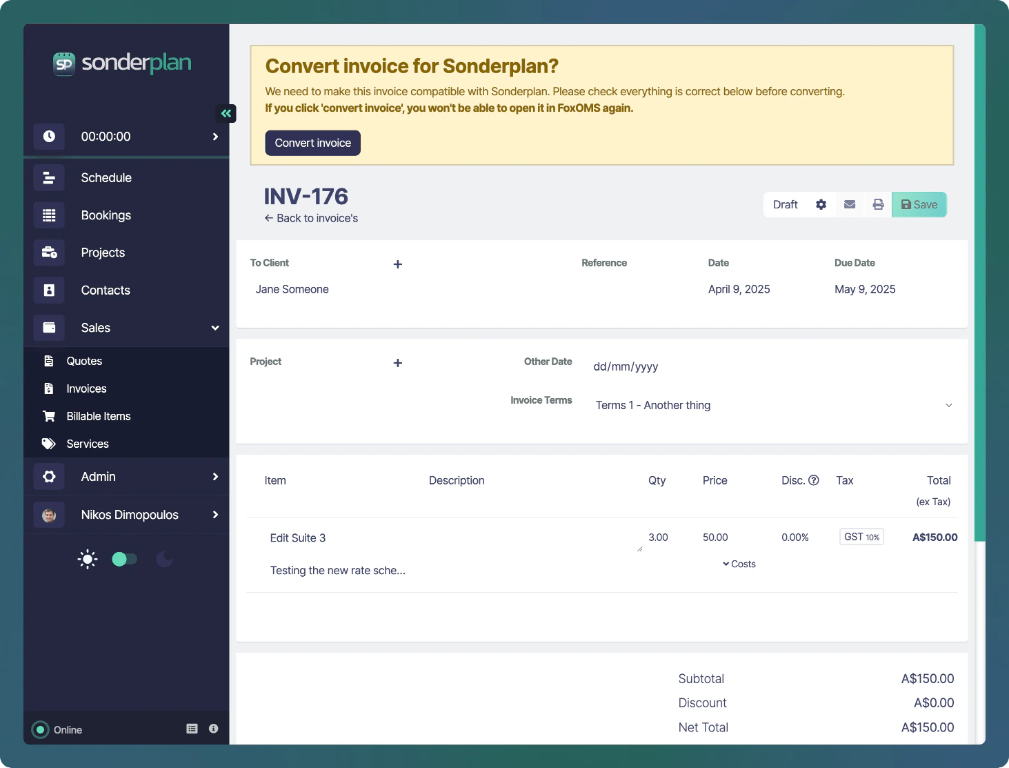 Sonderplan Convert FoxOMS invoice to Sonderplan