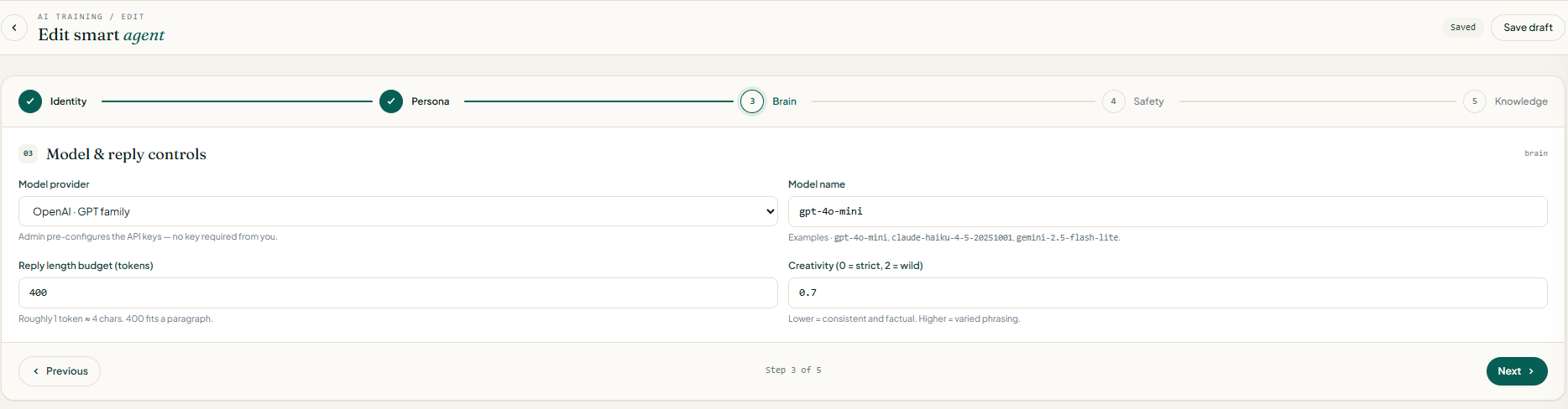 Agent wizard step 3: Model & reply controls