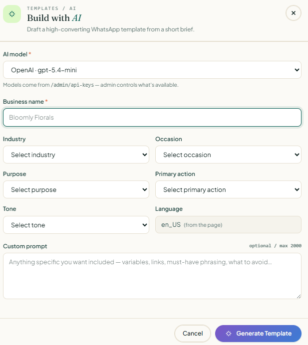 Build with AI dialog showing the structured brief form: AI model, Business name, Industry, Occasion, Purpose, Primary action, Tone, Language, and an optional Custom prompt field.