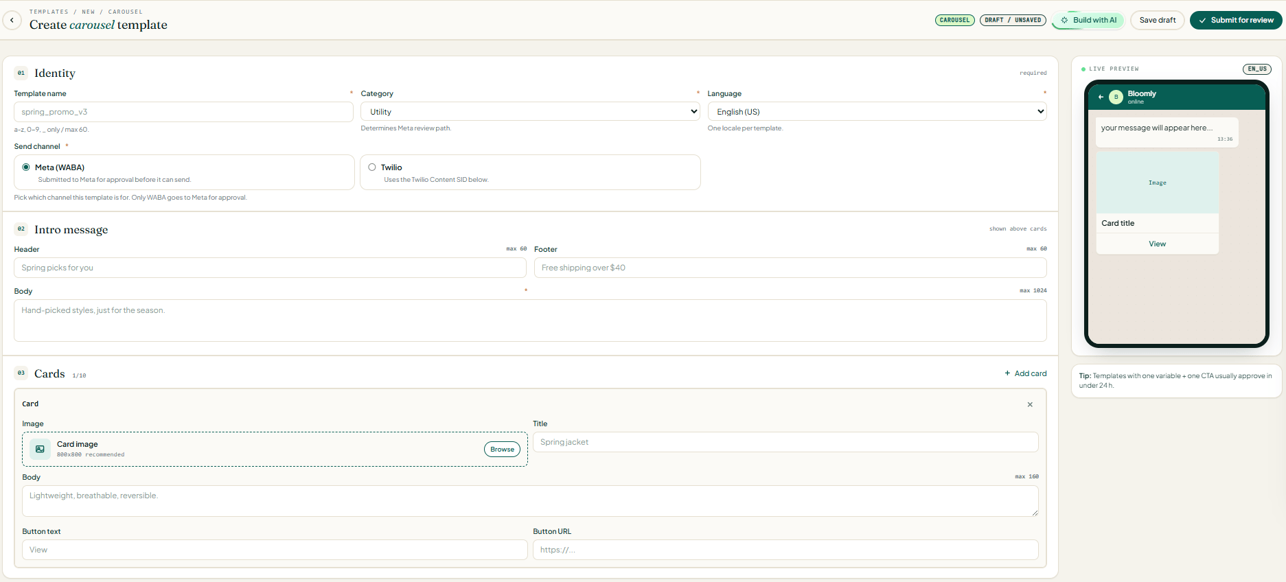 Create carousel template screen showing Identity, an Intro message with Header/Footer/Body, and a Cards section with per-card Image, Title, Body, Button text, and Button URL.