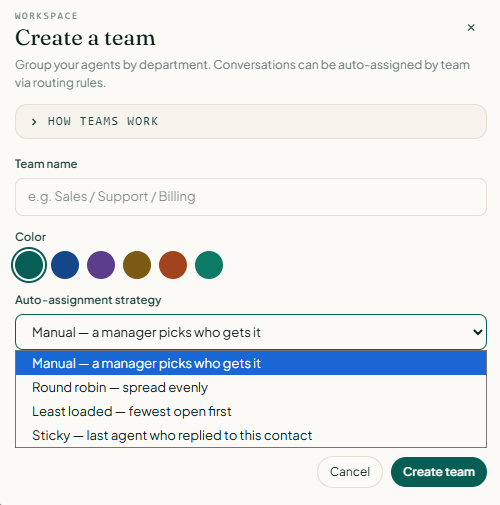 Create a team dialog