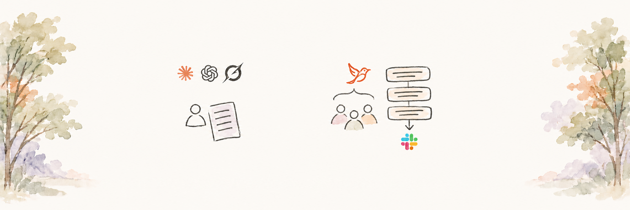 Illustration contrasting one person running a scheduled AI prompt with a team building Songbird loop steps together