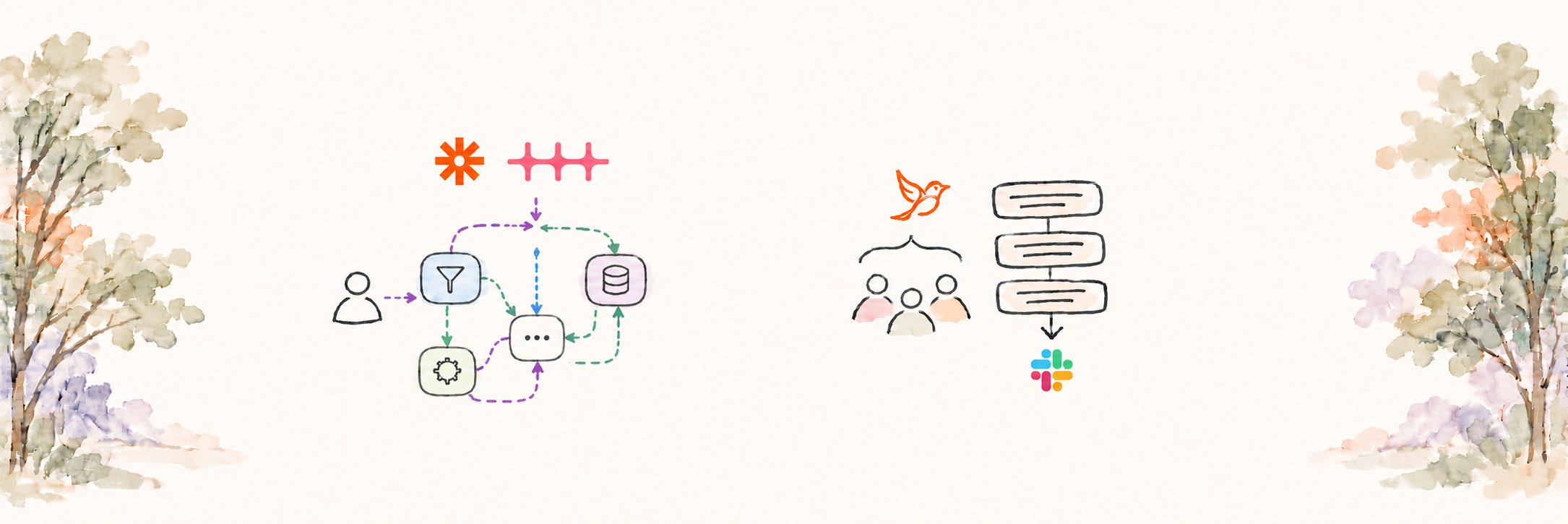 Illustration contrasting an automation tool's nodes and wires with a Songbird AI loop's plain-English steps