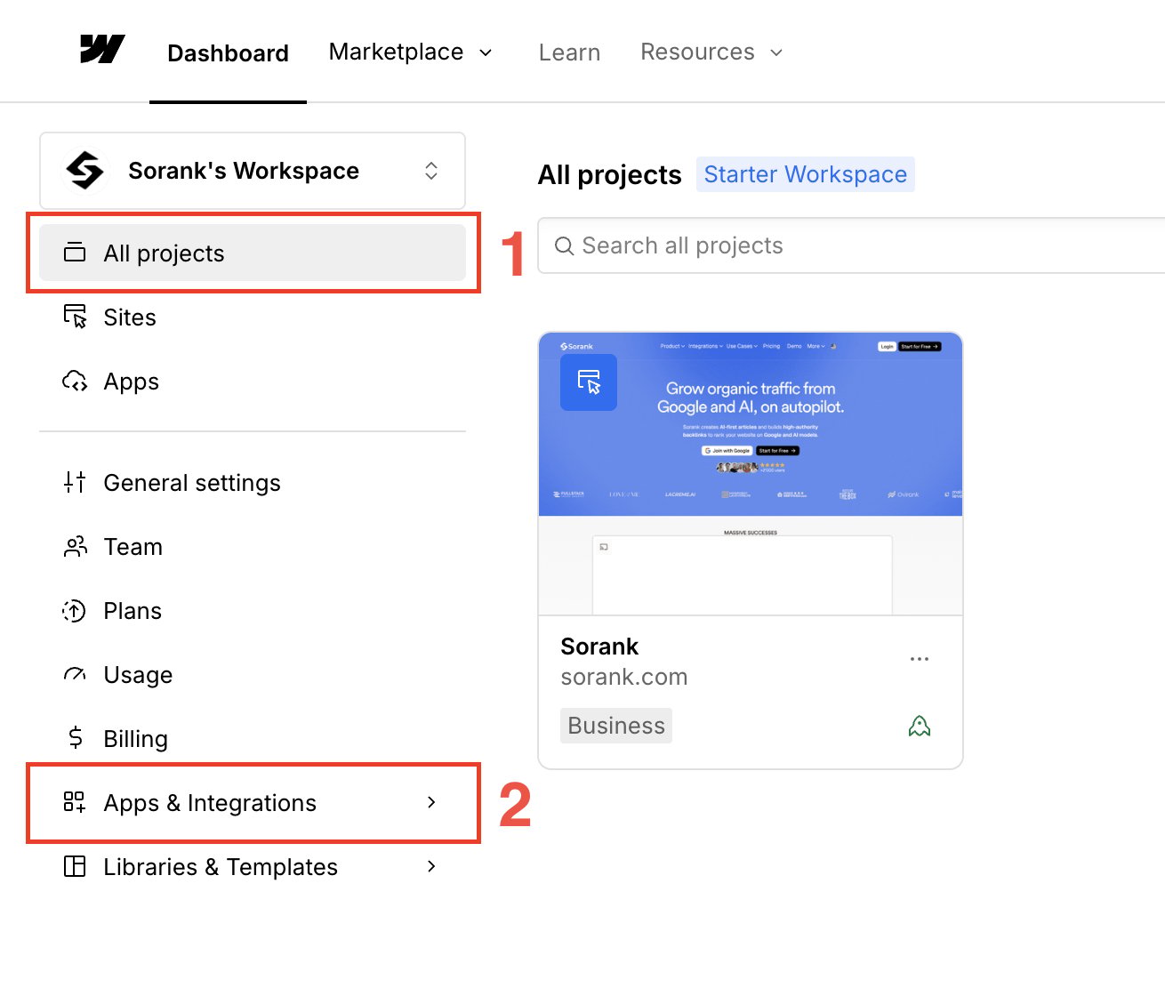 פתיחת Apps & Integrations בלוח הבקרה של Webflow ובחירת Develop