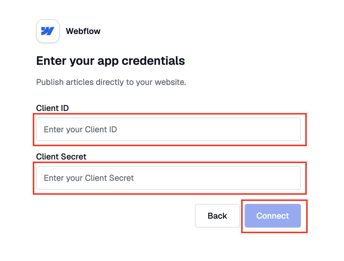 הדבקת Client ID ו-Client Secret של Webflow ב-Sorank ולחיצה על Connect