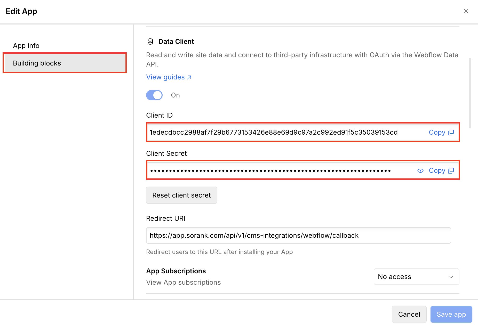 העתקת Client ID והצגת Client Secret ב-Webflow