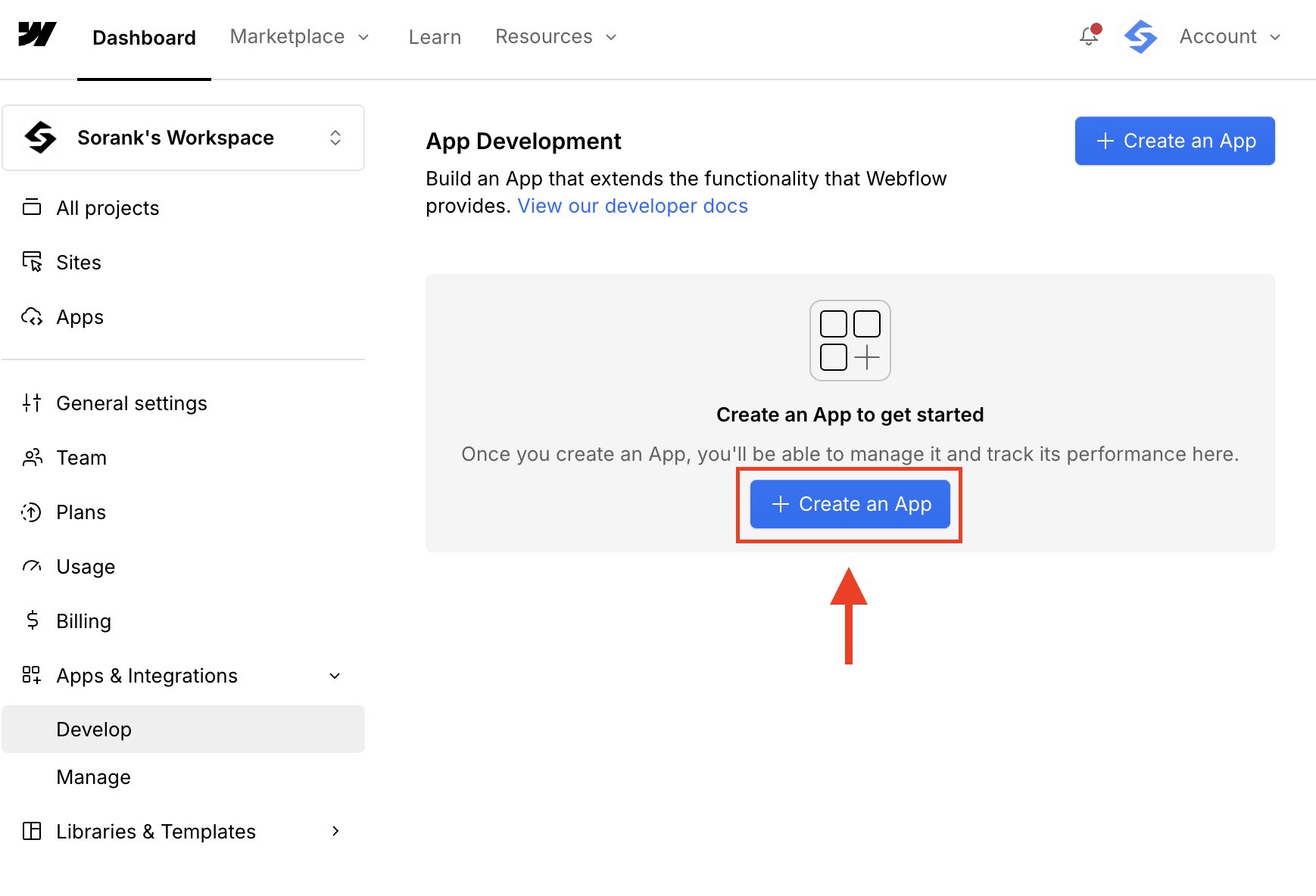 לחיצה על Create an App באזור App Development של Webflow