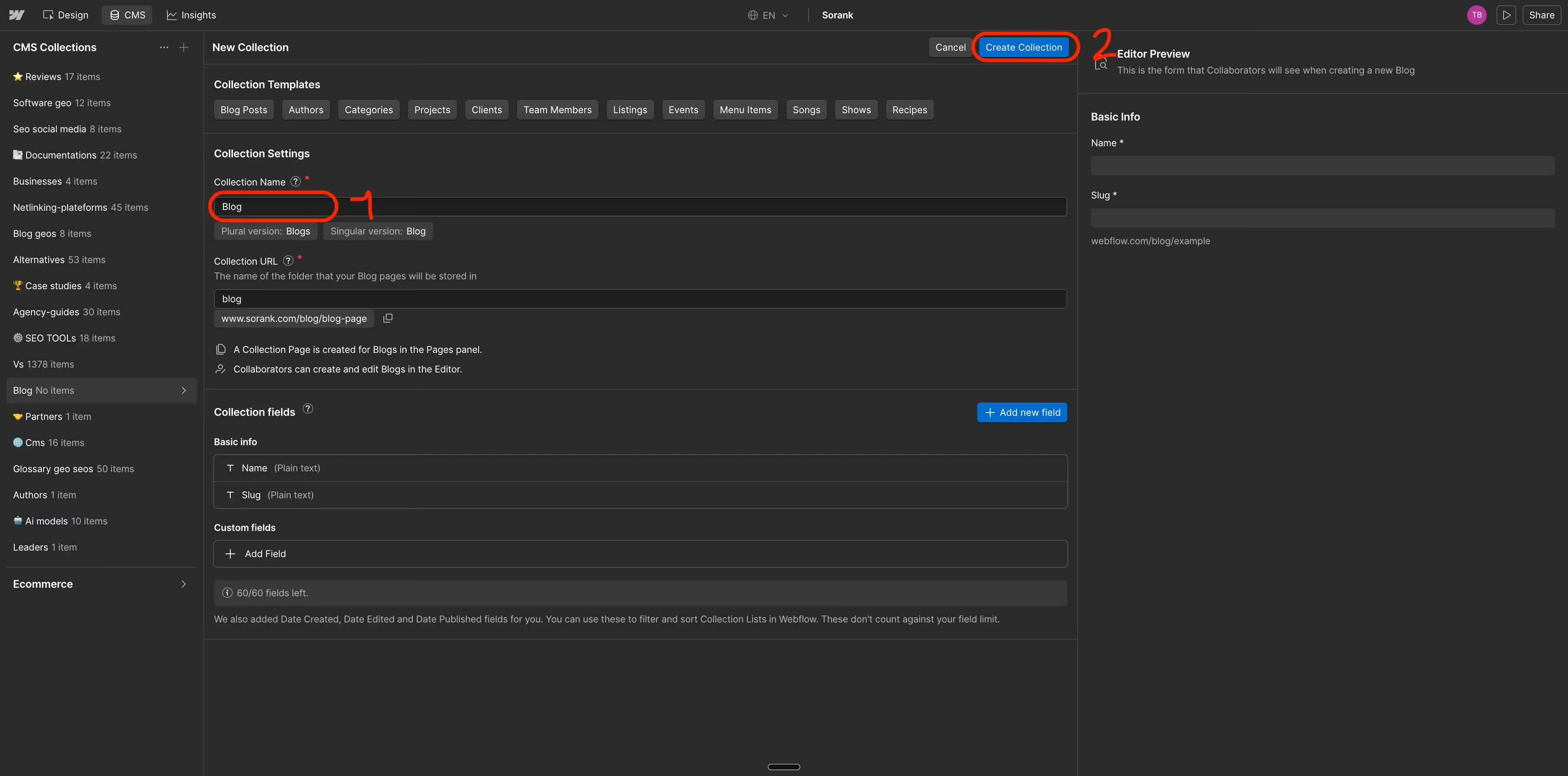 Step 2 - Name the collection Blog and click Create Collection