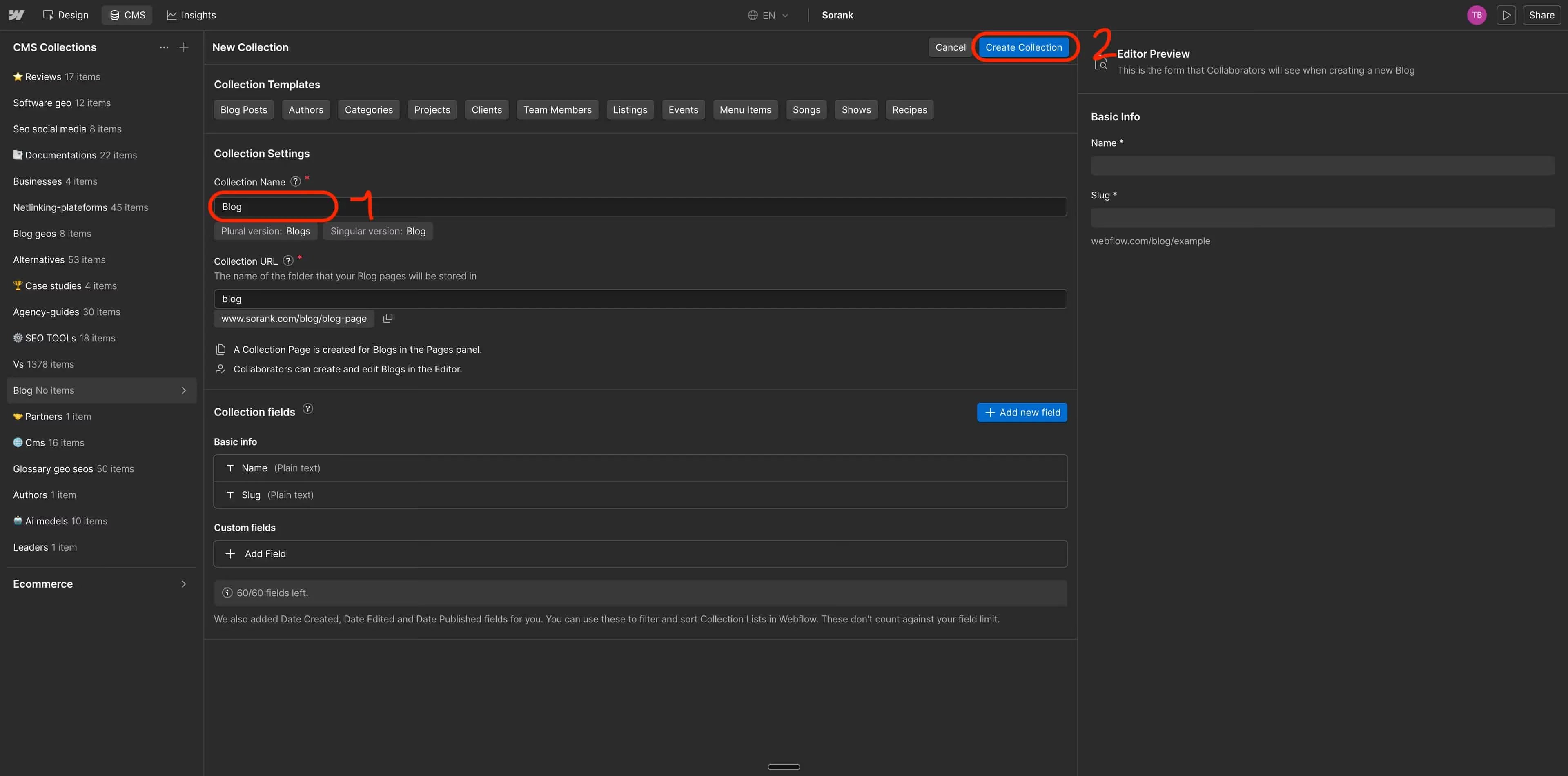 Step 2 - Name the collection Blog and click Create Collection