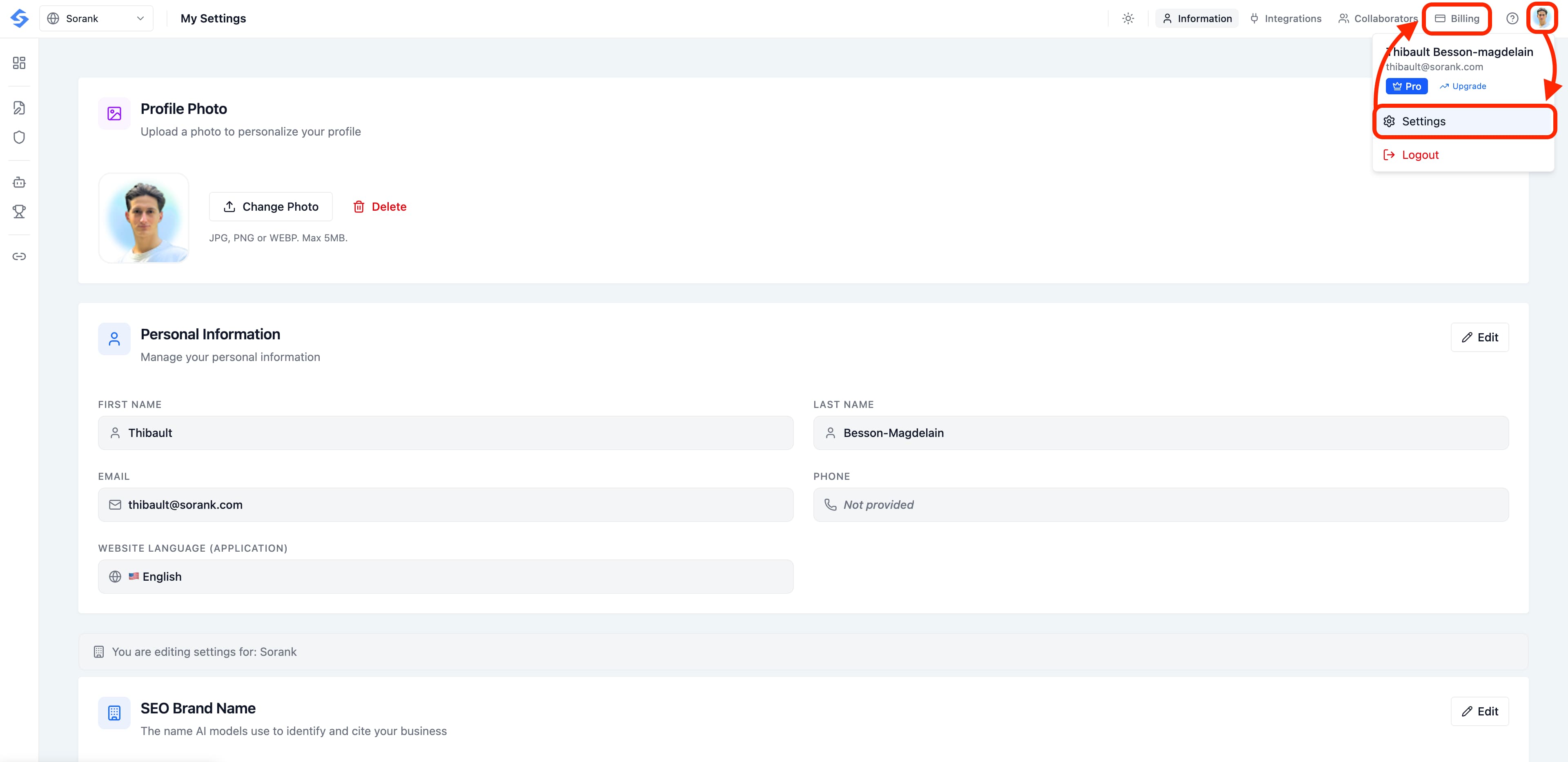 Profile menu with Settings highlighted