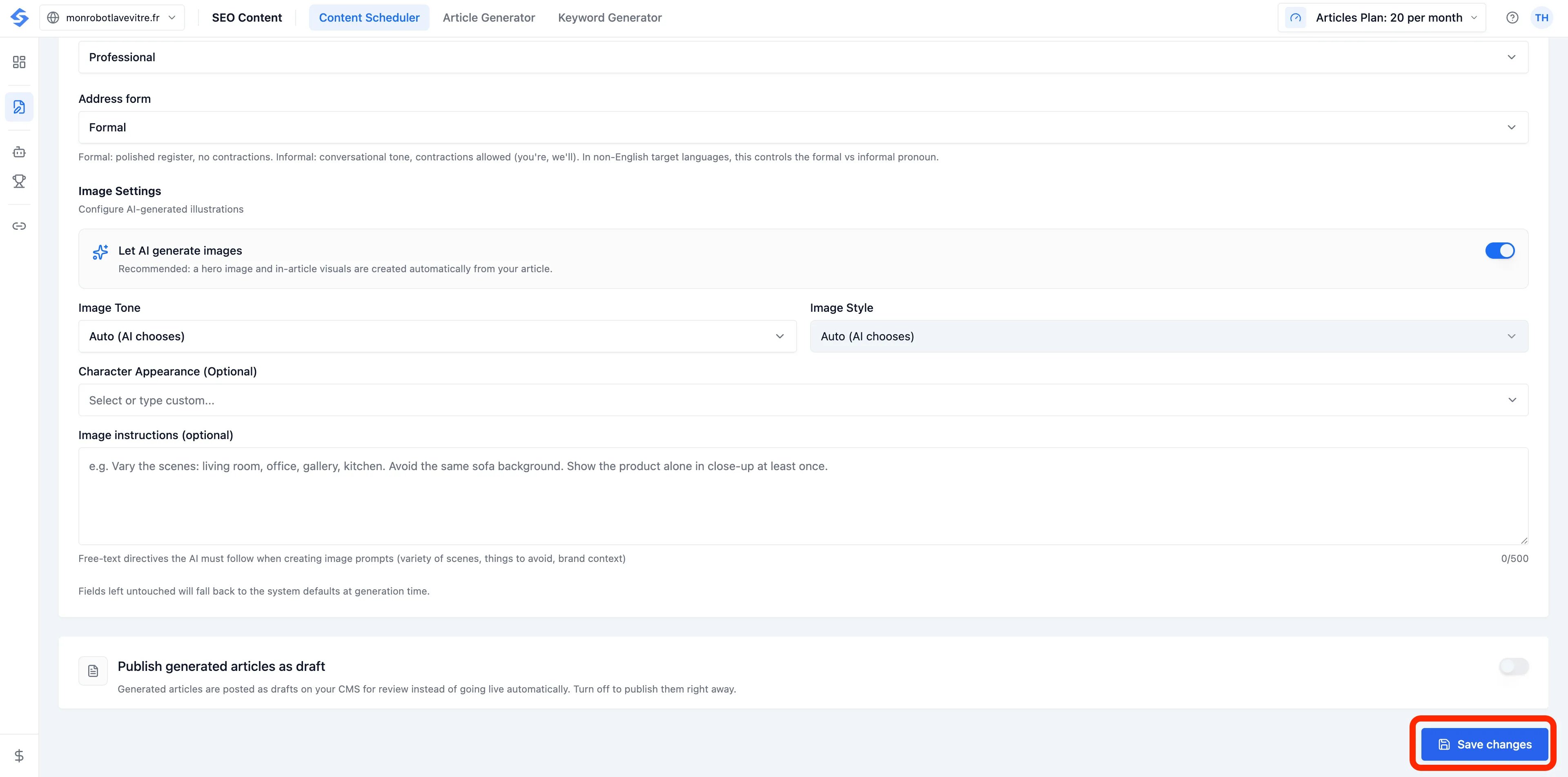 Articles: Don't forget to save your settings !