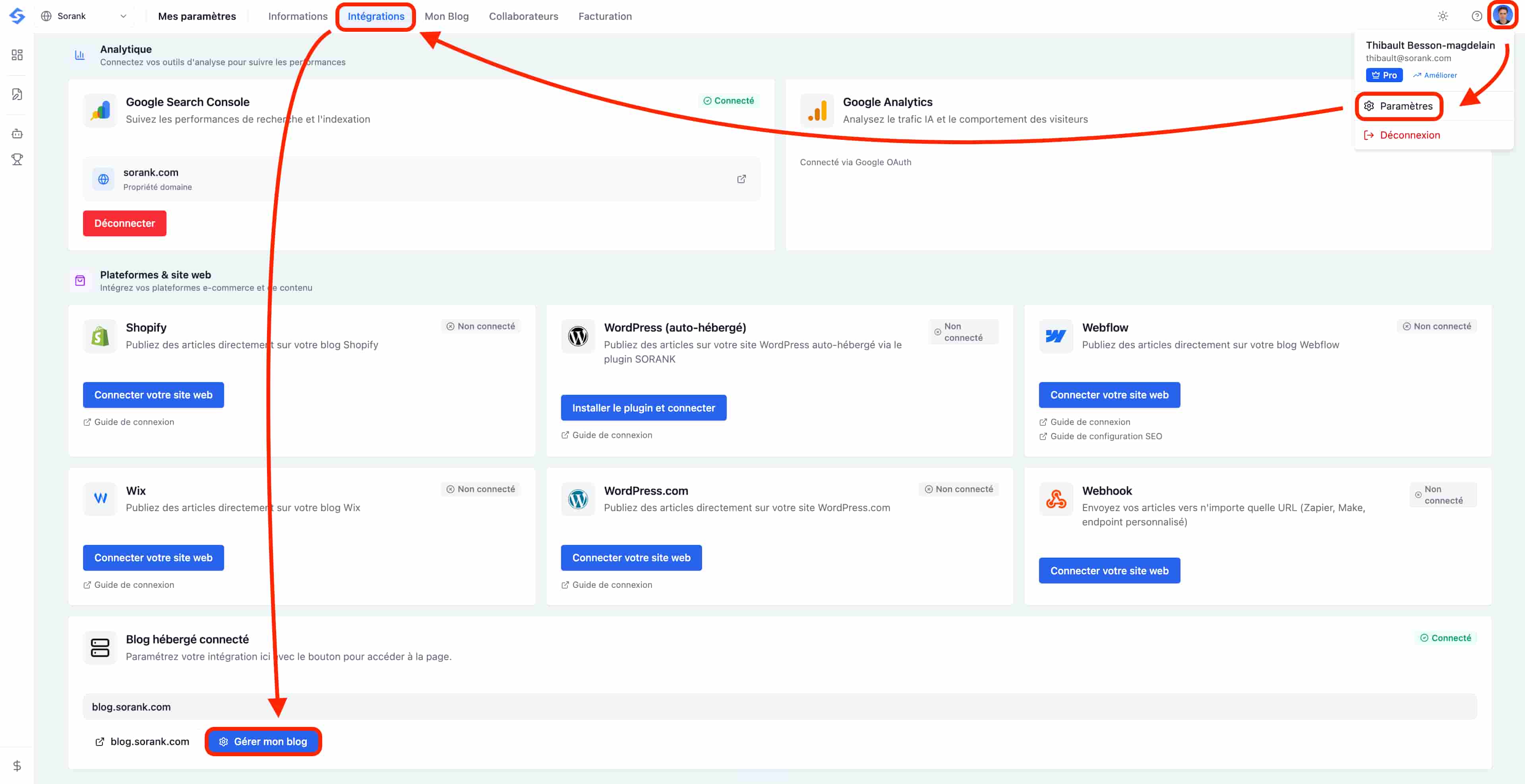 פתח Settings ואז Integrations ולחץ על Manage my blog