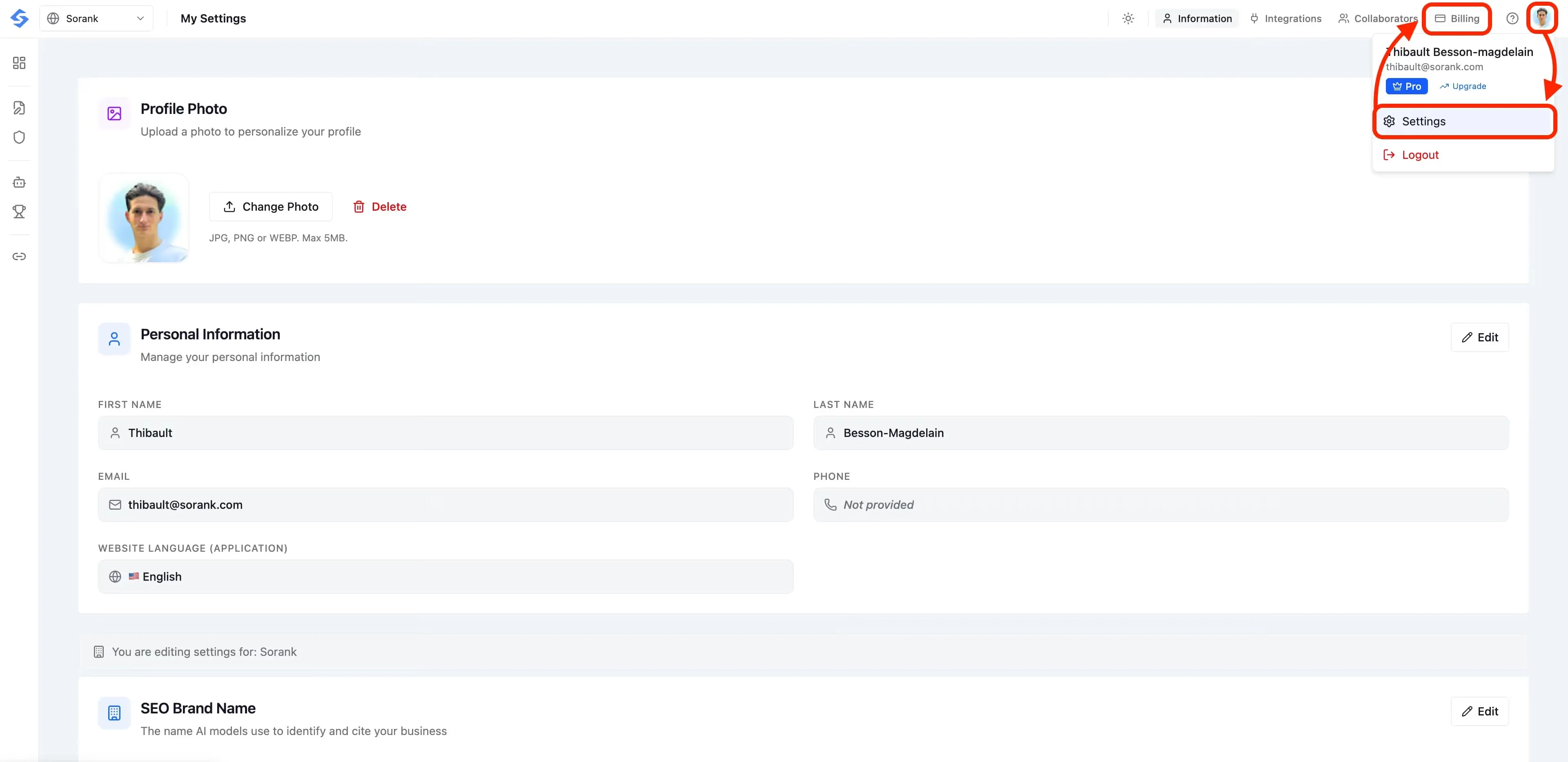 Profile menu with Settings highlighted