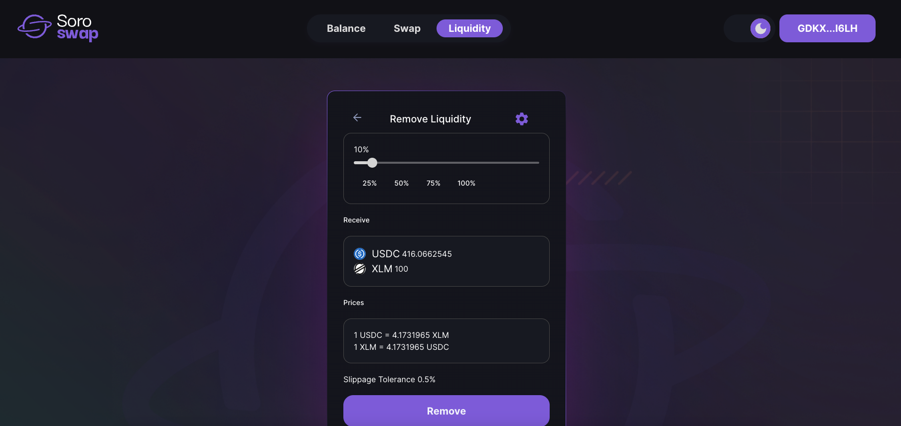 Remove liquidity