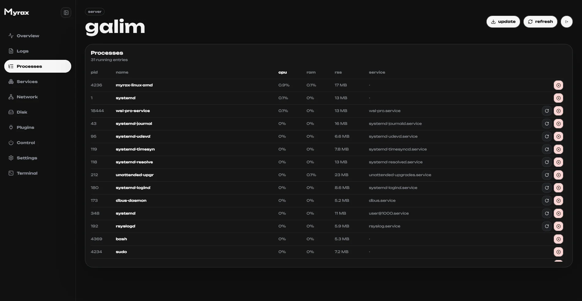 Processes screen