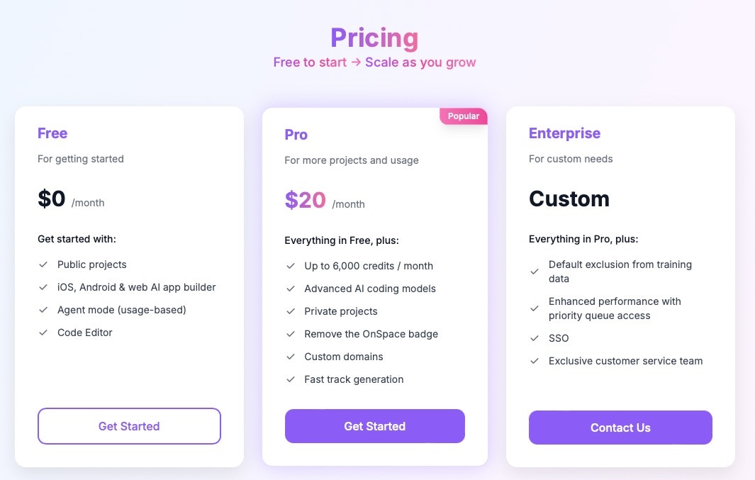 OnSpace Pricing Plans