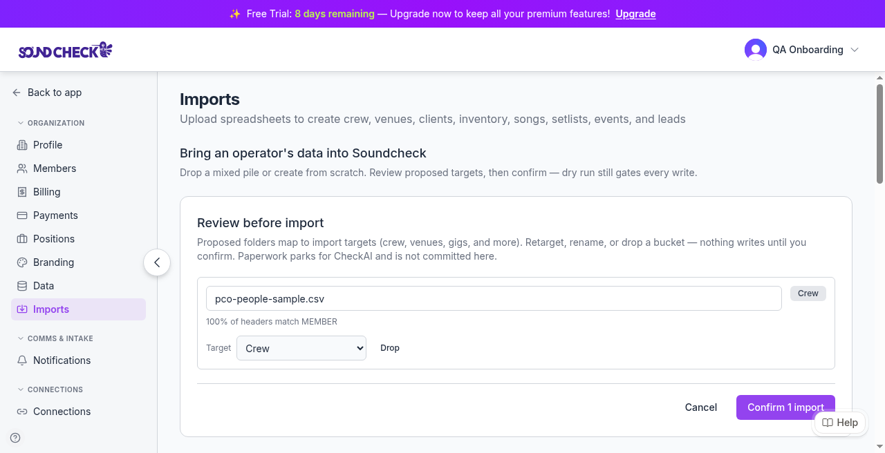 Soundcheck Organization → Imports Review before import card for pco-people-sample.csv detected as Crew with Cancel and Confirm 1 import.
