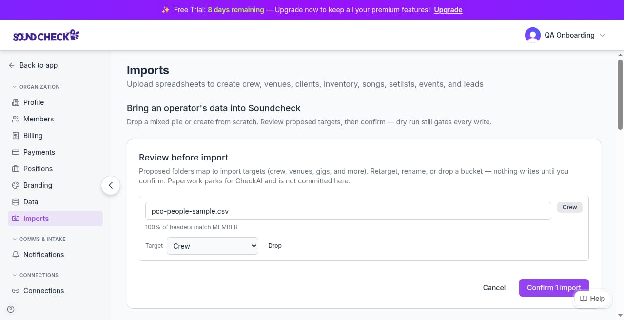 Soundcheck Organization → Imports Review before import card for pco-people-sample.csv detected as Crew with Cancel and Confirm 1 import.