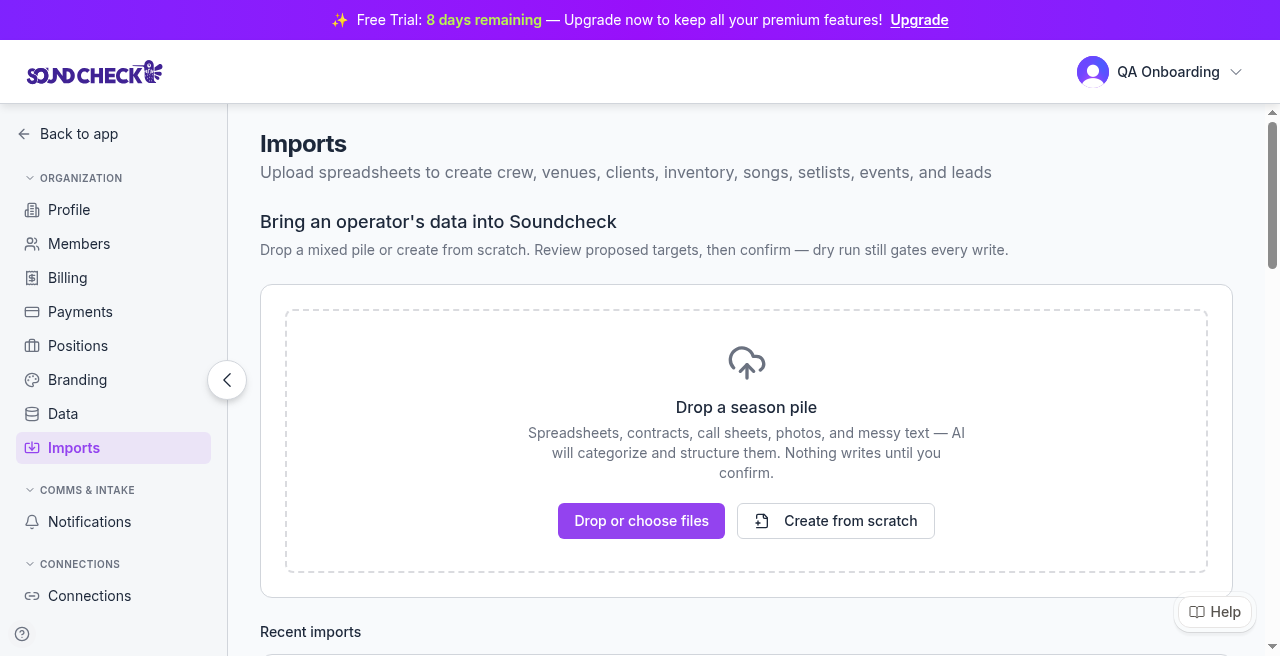 Soundcheck Organization → Imports empty state with Drop a season pile, Drop or choose files, and Create from scratch. Sidebar shows Organization → Imports.