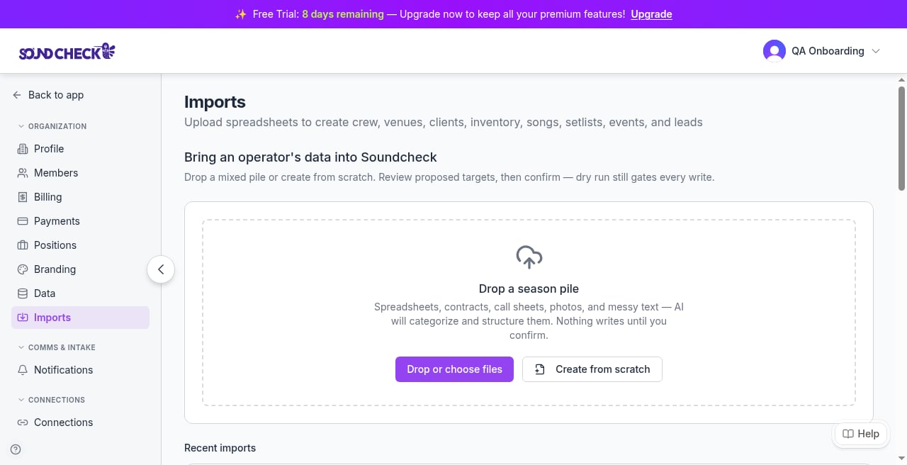 Soundcheck Organization → Imports empty state with Drop a season pile, Drop or choose files, and Create from scratch. Sidebar shows Organization → Imports.