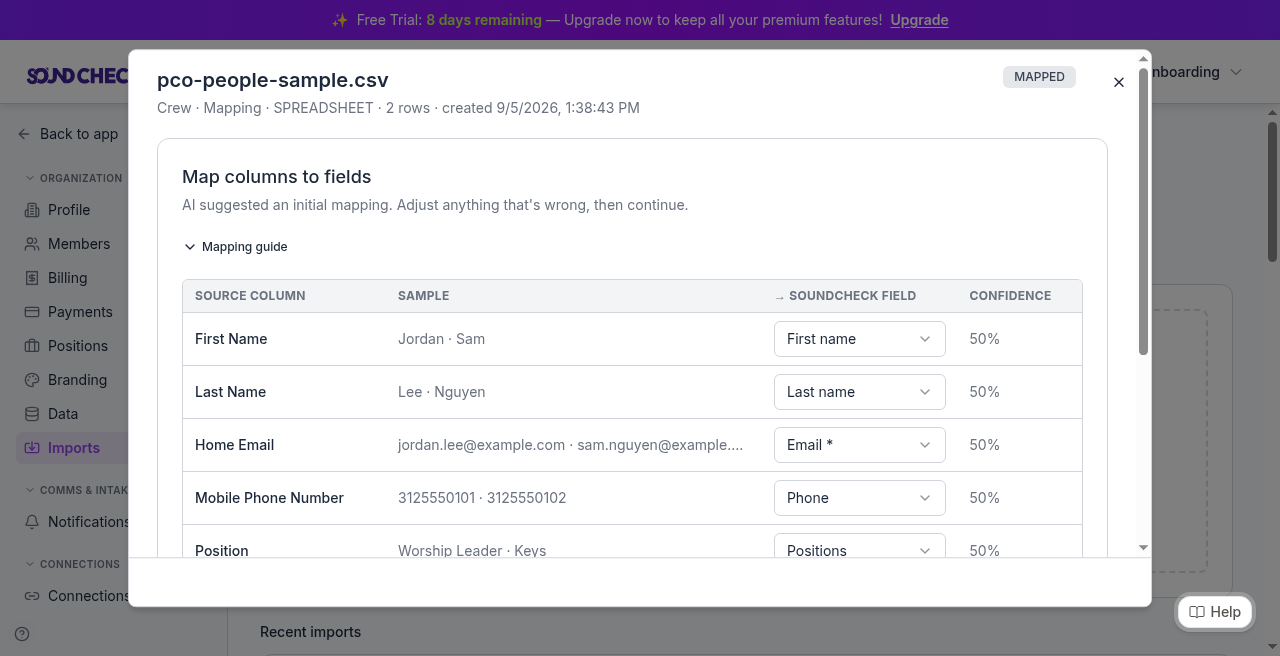 Soundcheck Imports map step for pco-people-sample.csv showing Home Email mapped to Email, Mobile Phone Number to Phone, and Position to Positions.