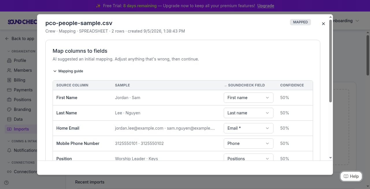 Soundcheck Imports map step for pco-people-sample.csv showing Home Email mapped to Email, Mobile Phone Number to Phone, and Position to Positions.
