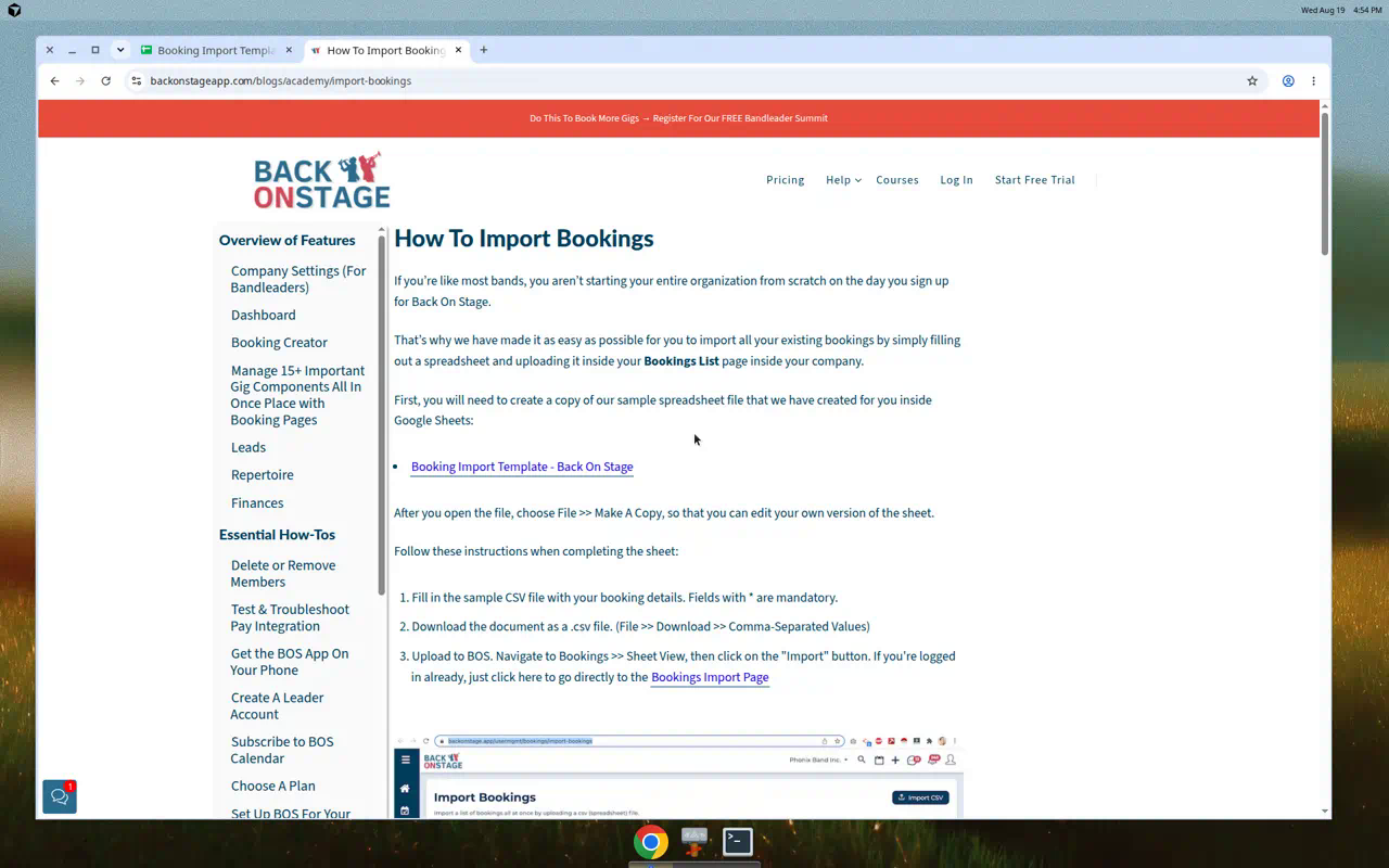 Back On Stage academy help article How To Import Bookings: Make a Copy of the template, download CSV, then Bookings Sheet View Import. Embedded crop of Import Bookings is academy-embedded, not a live product session.