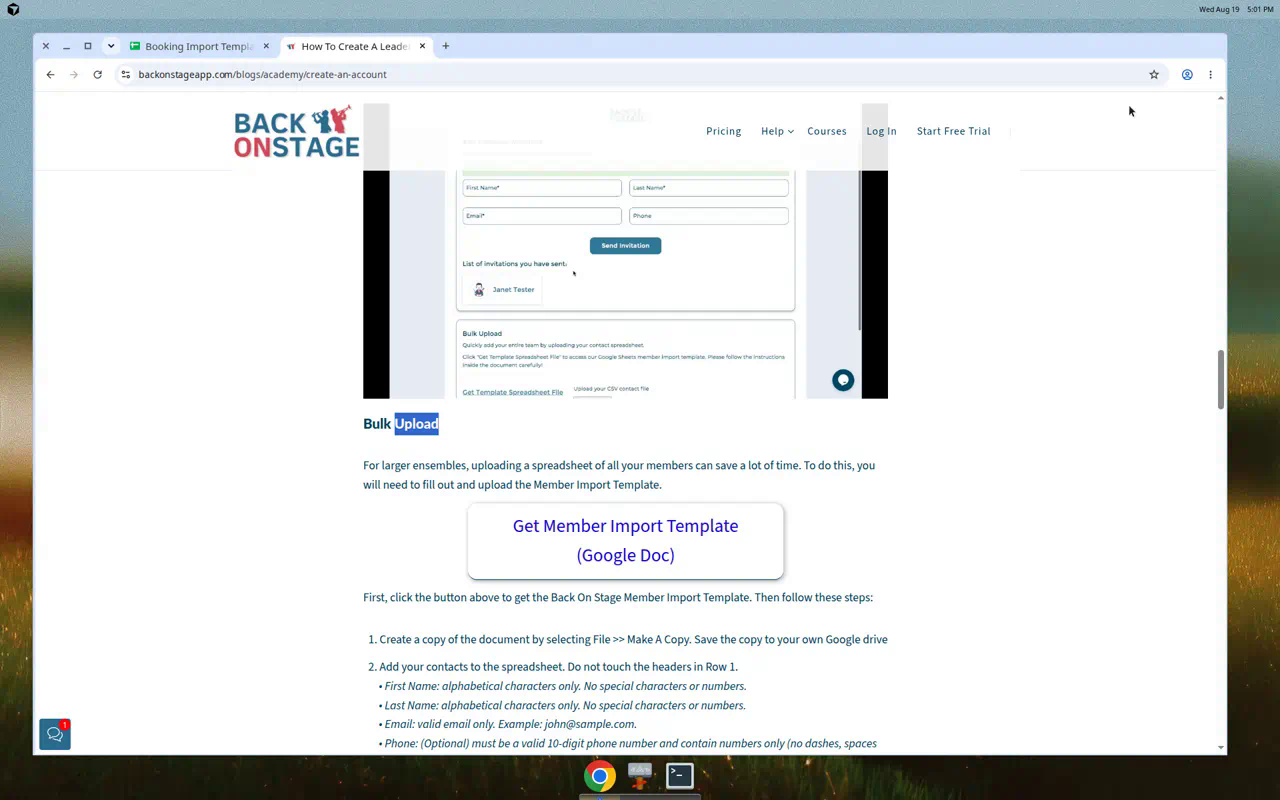 Back On Stage academy help Bulk Upload section with Get Member Import Template Google Doc button and Make a Copy steps. Not live BOS product UI.