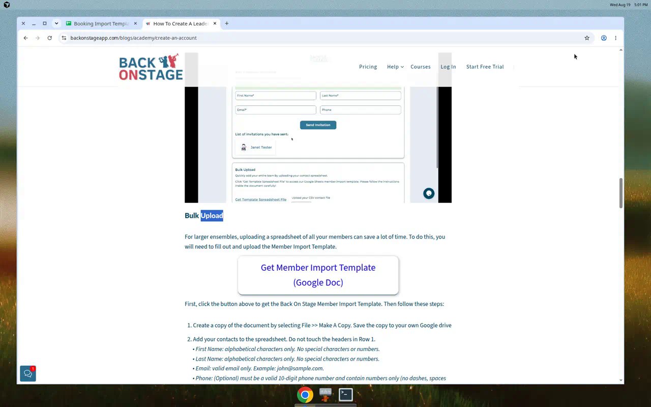 Back On Stage academy help Bulk Upload section with Get Member Import Template Google Doc button and Make a Copy steps. Not live BOS product UI.