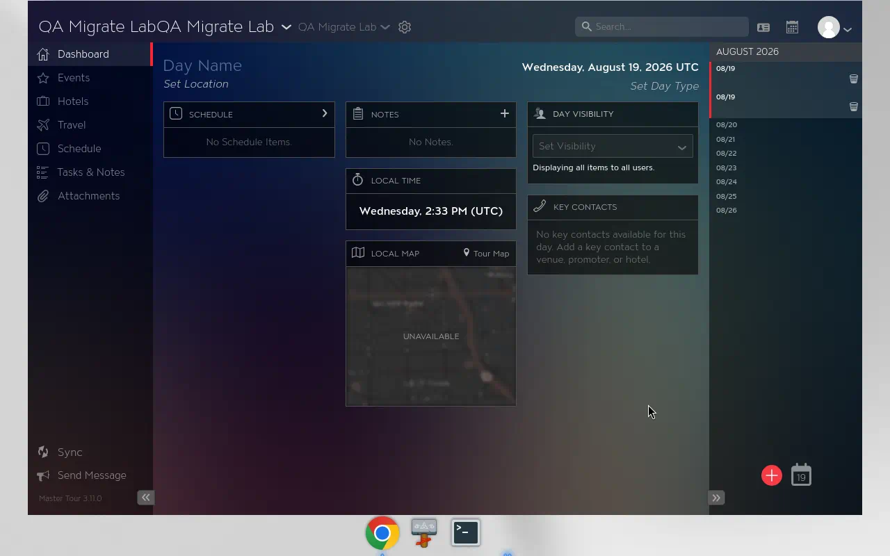 Master Tour desktop dashboard for QA Migrate Lab on Wednesday August 19 2026 UTC, with sidebar navigation, day widgets, and gear icon in the header.