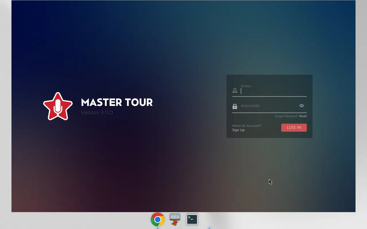 Master Tour desktop login screen, version 3.11.0, with email and password fields and Log In button.