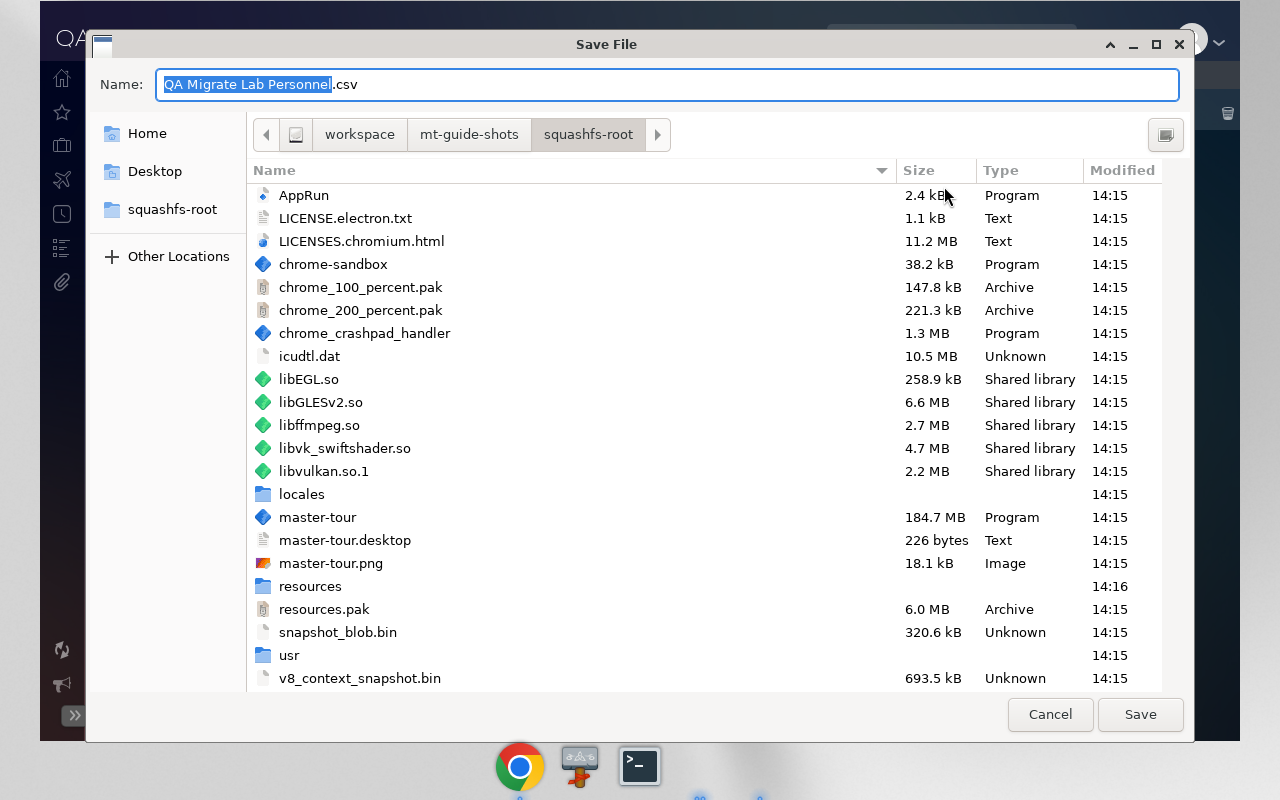 Linux Save File dialog saving a Personnel CSV after Export Personnel from Master Tour desktop.