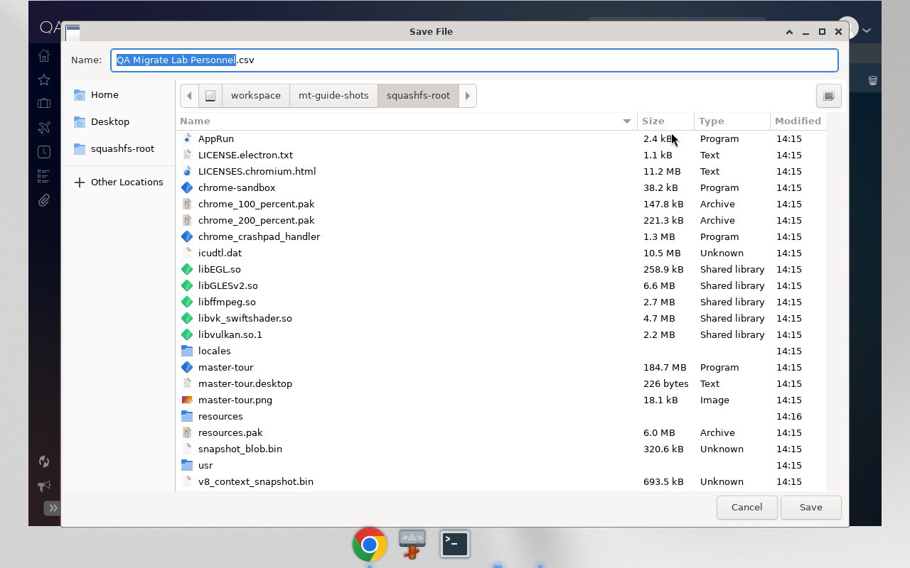 Linux Save File dialog saving a Personnel CSV after Export Personnel from Master Tour desktop.