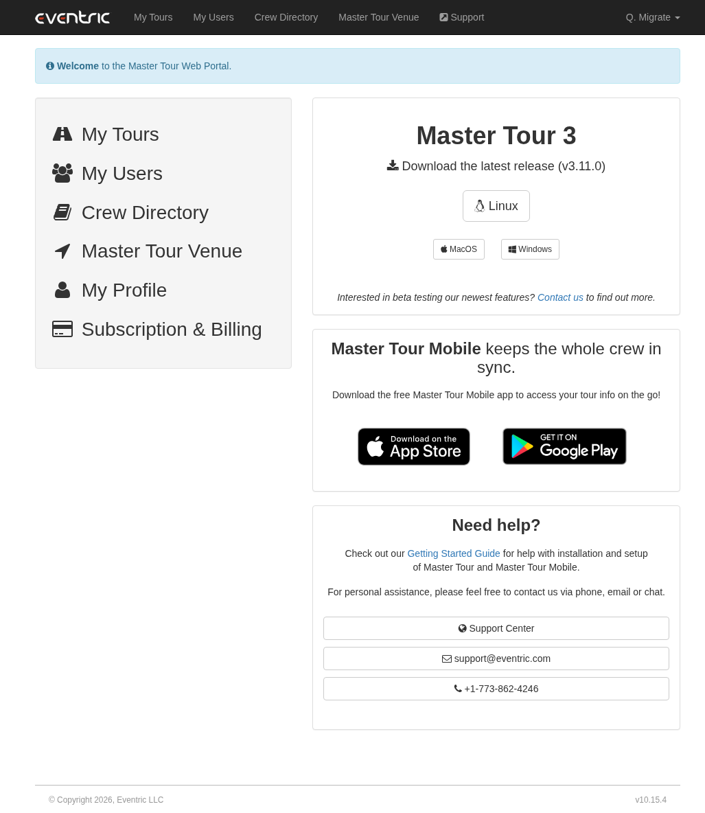 Eventric Master Tour web portal home with Master Tour 3 download buttons for Linux, MacOS, and Windows. Account menu and tour links only; no CSV export on the web.