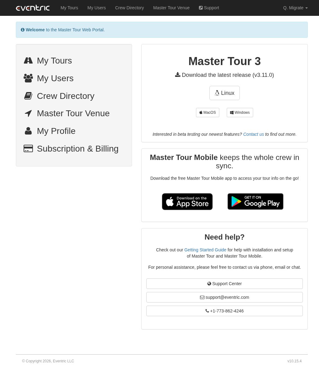 Eventric Master Tour web portal home with Master Tour 3 download buttons for Linux, MacOS, and Windows. Account menu and tour links only; no CSV export on the web.