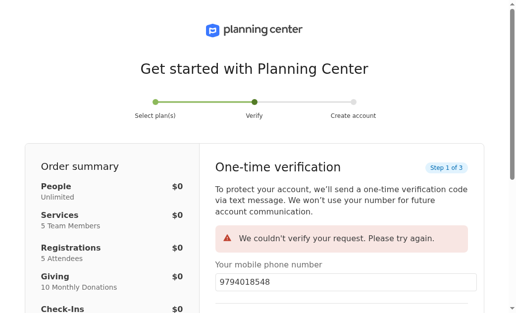Planning Center Get started Verify step showing One-time verification and a generic We couldn't verify your request Please try again banner.