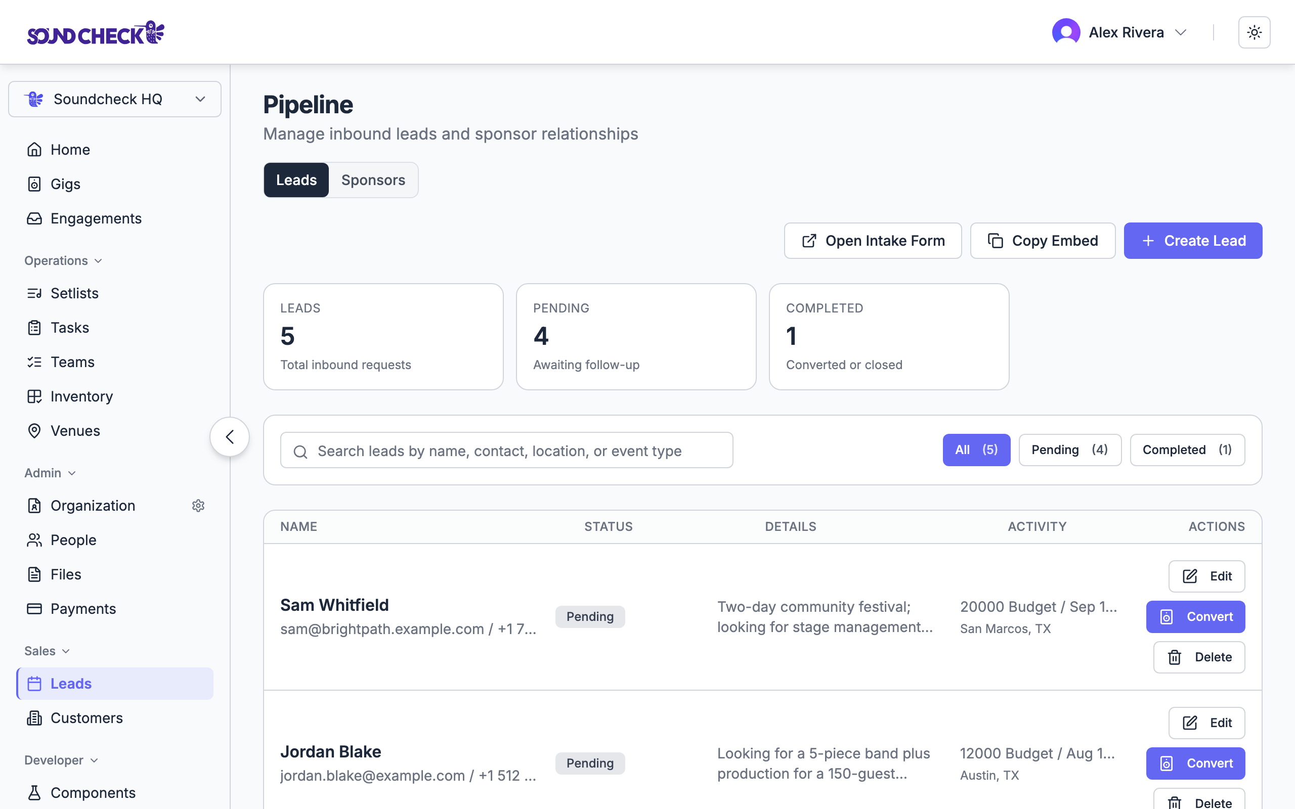 Lead pipeline listing inbound event inquiries with pending status and convert-to-gig buttons