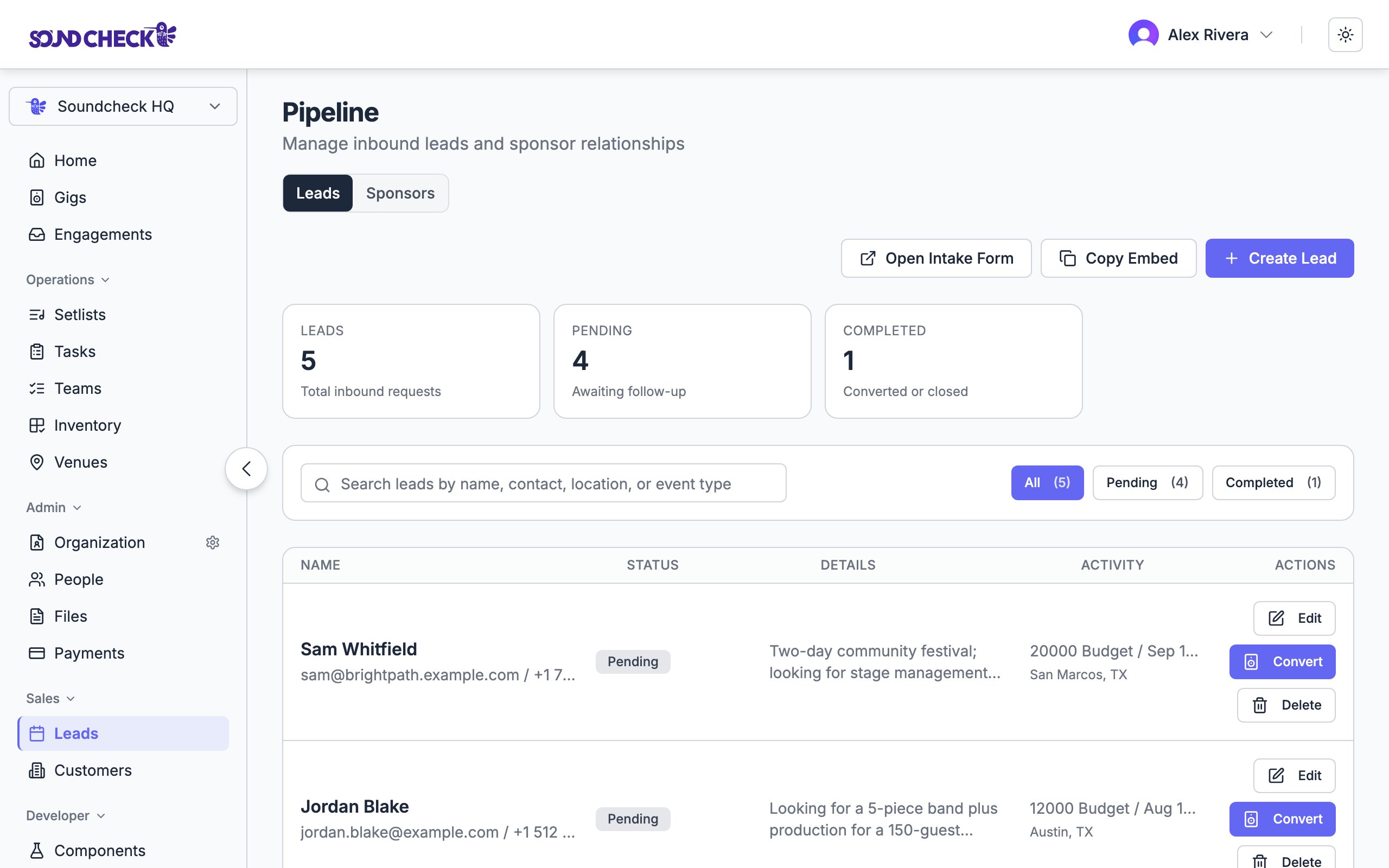 Lead pipeline listing inbound event inquiries with pending status and convert-to-gig buttons