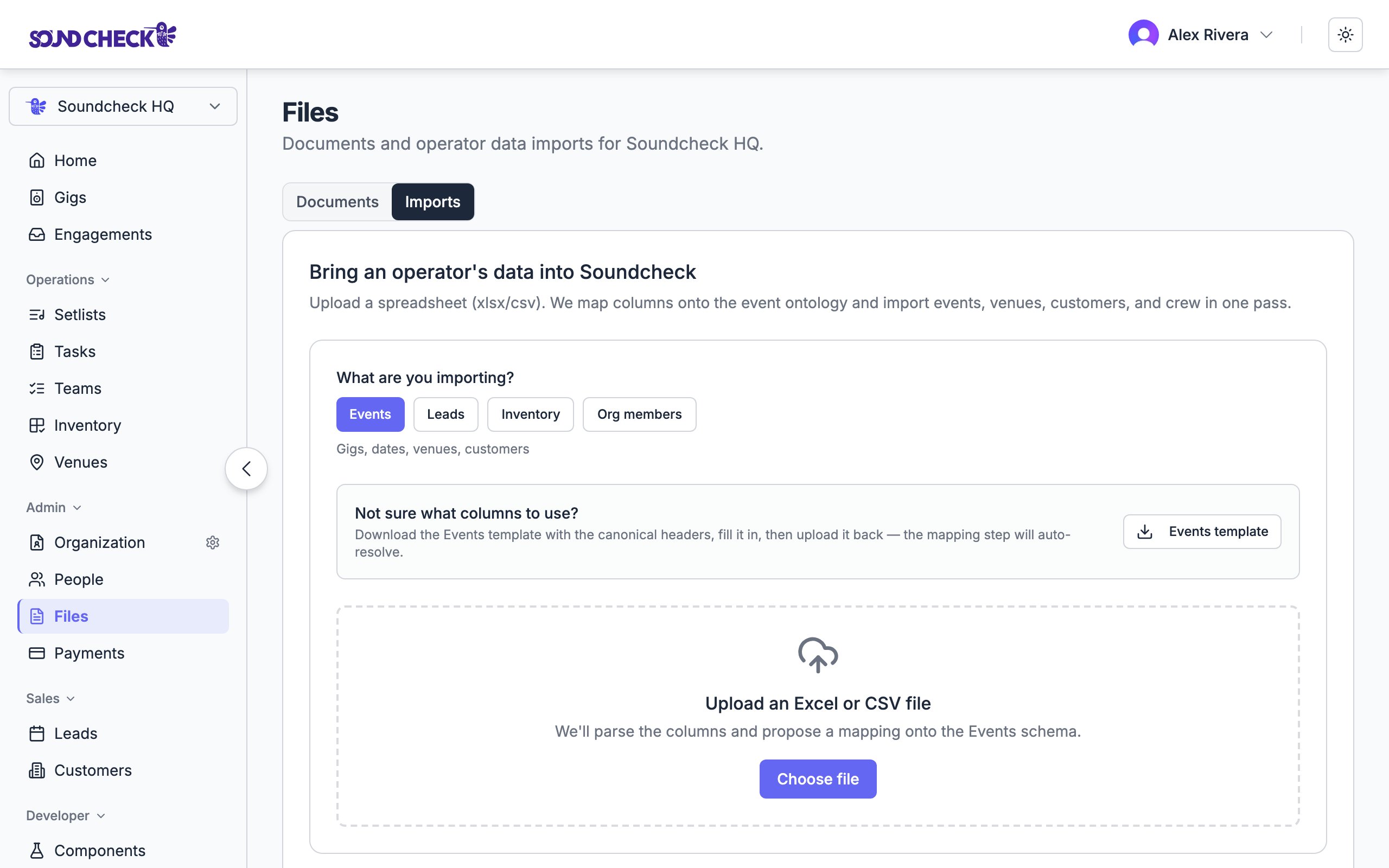 Import wizard with target type selection and file upload dropzone