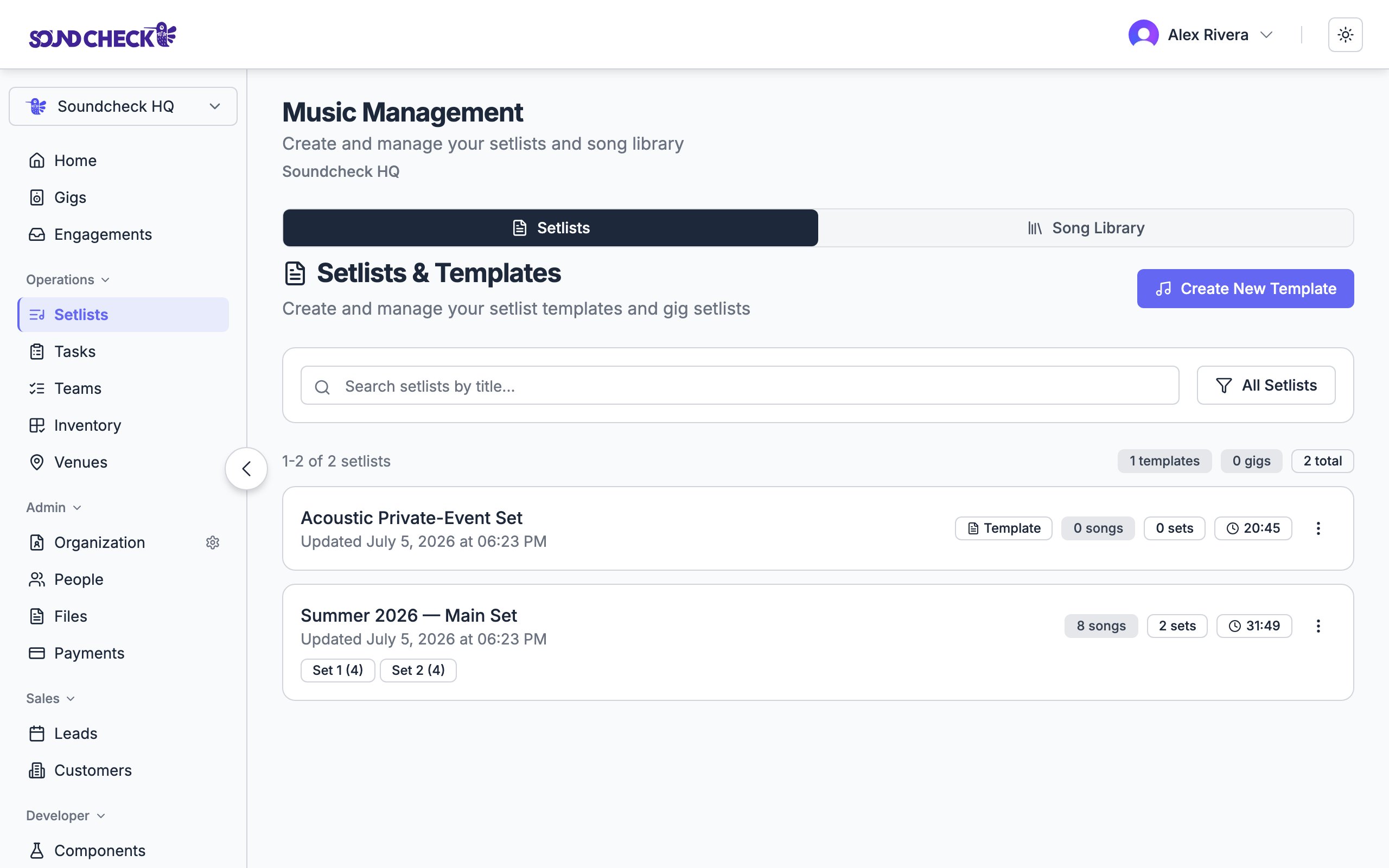 Music Management page listing setlists with song and set counts
