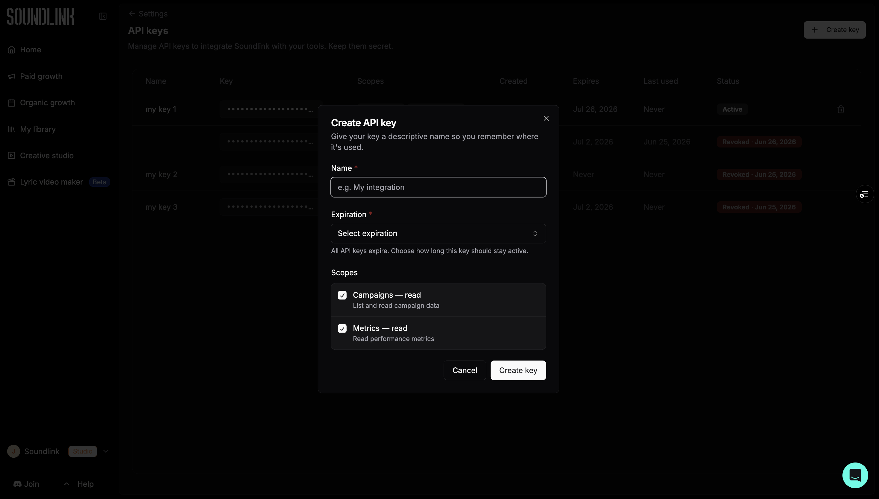 Create API key dialog with name field, expiration dropdown, and scope checkboxes