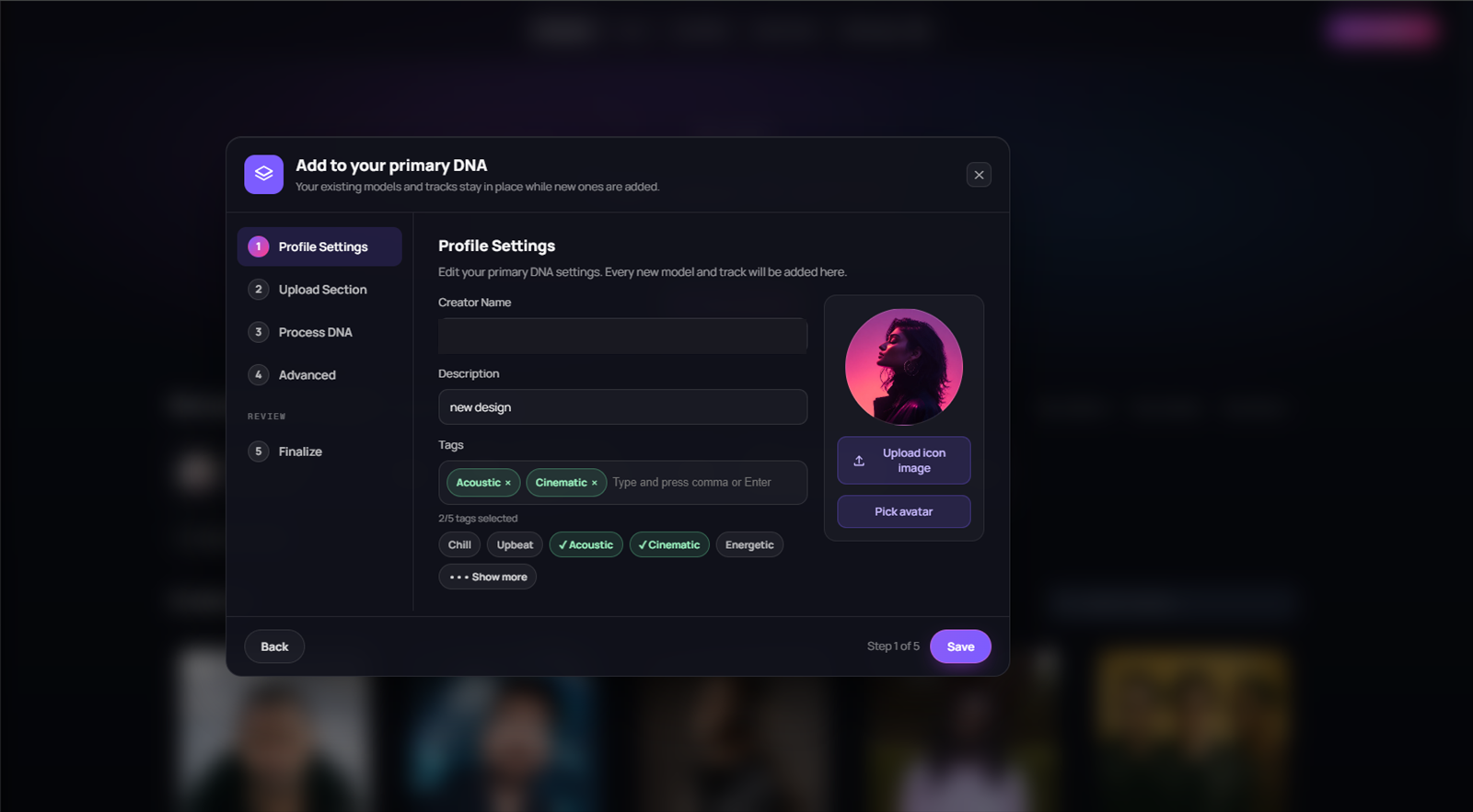 Full Production DNA Profile Settings step with the five-step rail, profile fields, tags, and cover controls