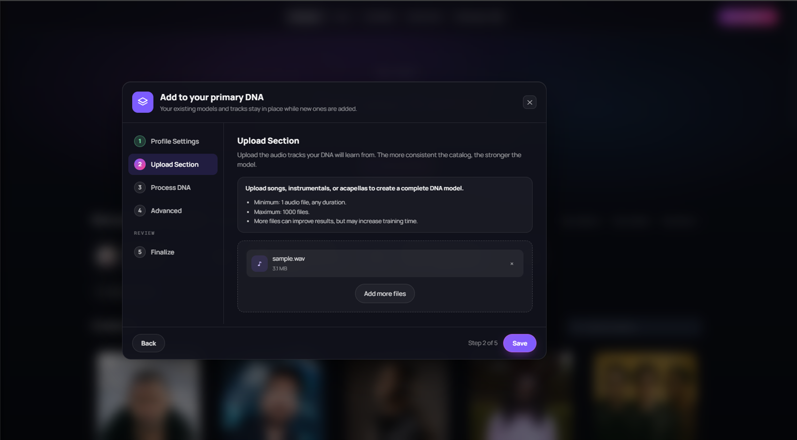 Full Production DNA Upload Section showing accepted catalog guidance, a selected audio file, and the step rail