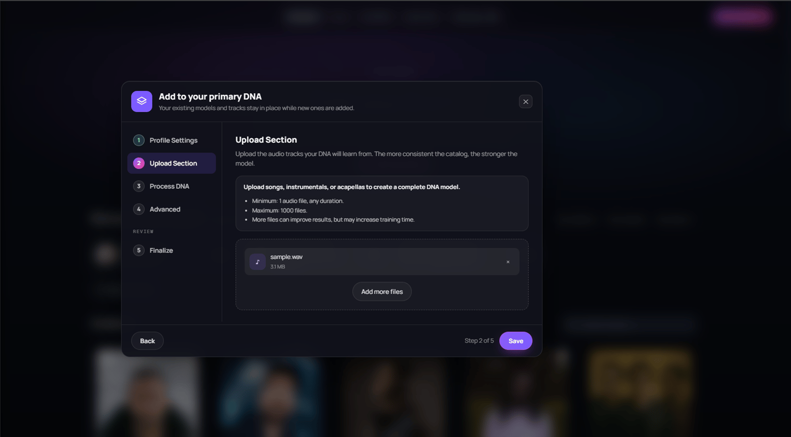 Full Production DNA Upload Section showing accepted catalog guidance, a selected audio file, and the step rail