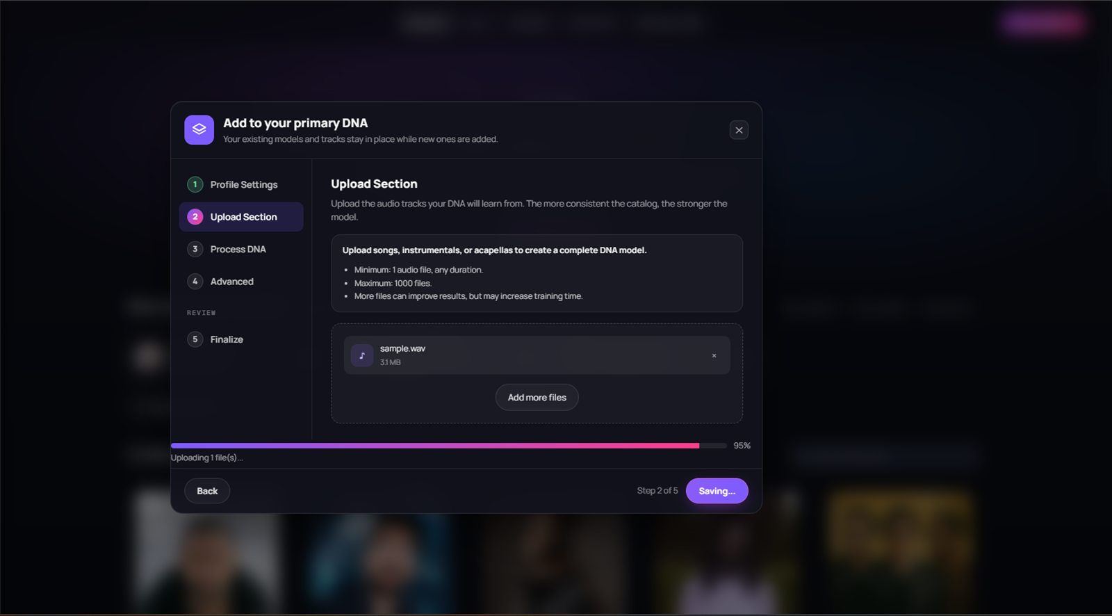 Full Production DNA upload progress for a selected audio file